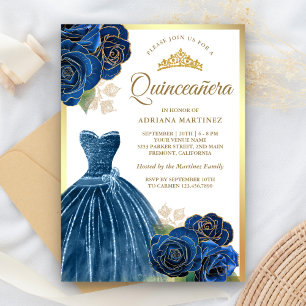 Invitation Robe scintillante bleu marine roses or Quinceanera