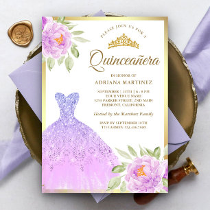 Invitation Robe scintillante lilas violet floral or Quinceane