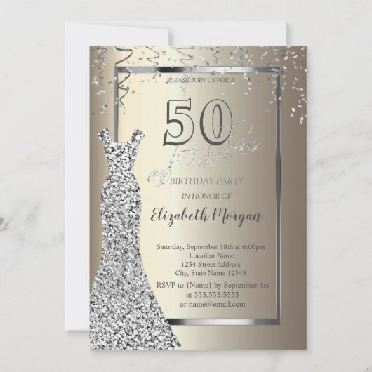Invitation Robe Sequins Argent Or 50e anniversaire (Devant)