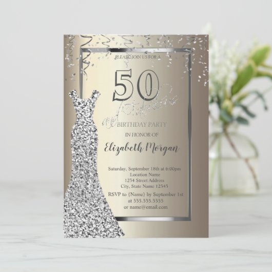 Invitation Robe Sequins Argent Or 50e anniversaire (Debout devant)
