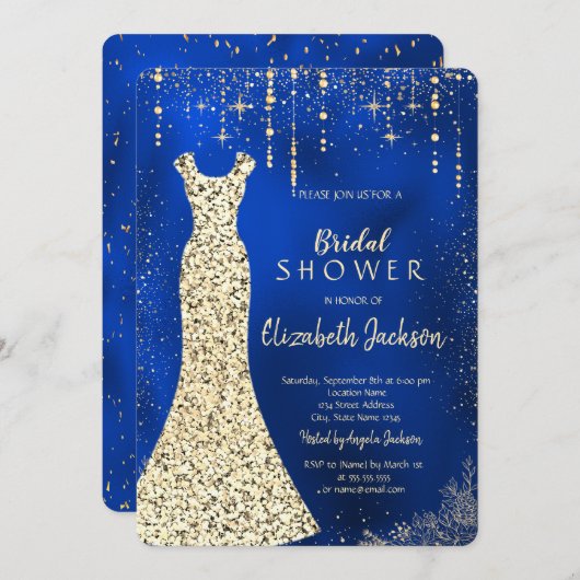 Invitation Robe Sequins d'or, Confetti Royal Blue Bride (Devant / Derrière)