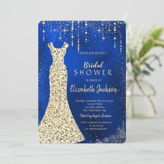 Invitation Robe Sequins d'or, Confetti Royal Blue Bride (Debout devant)