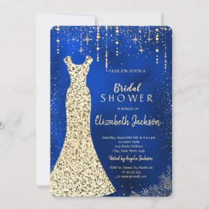 Invitation Robe Sequins d'or, Confetti Royal Blue Bride