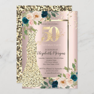 Invitation Robe Sequins d'or, Rose bleu Or 50e anniversaire
