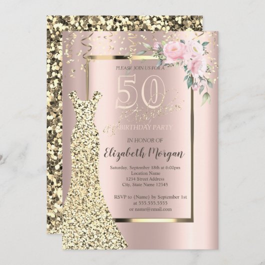 Invitation Robe Sequins d'or, Rose de fleurs Or 50e anniversa (Devant / Derrière)