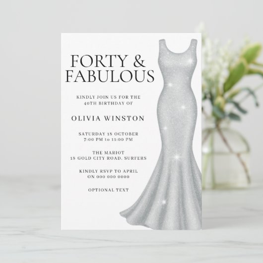 Invitation Robe Shimmer Sparkle Argent 40e fête d'anniversair (Debout devant)