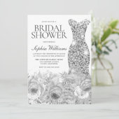 Invitation Robe Sliver Grey Sparkle & Fête des mariées Floral (Debout devant)