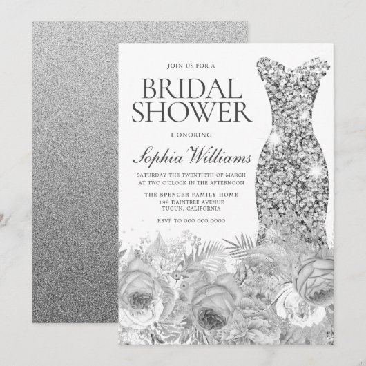 Invitation Robe Sliver Grey Sparkle & Fête des mariées Floral (Devant / Derrière)