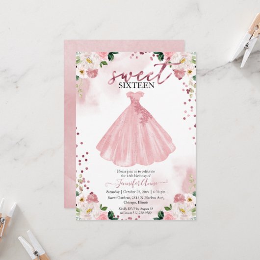 Invitation Robe Sweet 16 Rose or Blush Aquarelle (Devant/Arrière en situation)