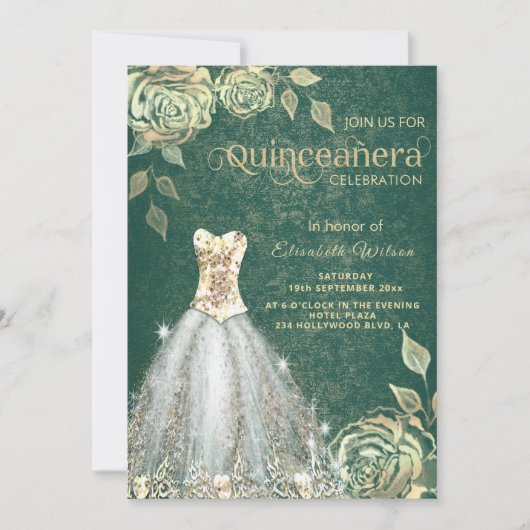 Invitation Robe tendance rose or vert chic Quinceañera (Devant)