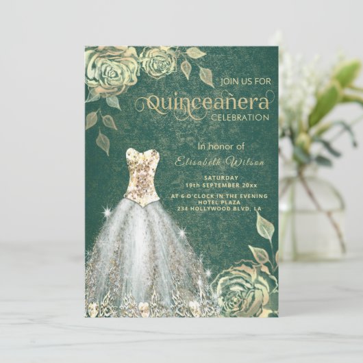 Invitation Robe tendance rose or vert chic Quinceañera (Debout devant)