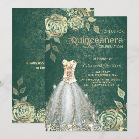 Invitation Robe tendance rose or vert chic Quinceañera (Devant / Derrière)