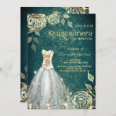 Invitation Robe tendance rose or vert chic Quinceañera Inv (Devant / Derrière)