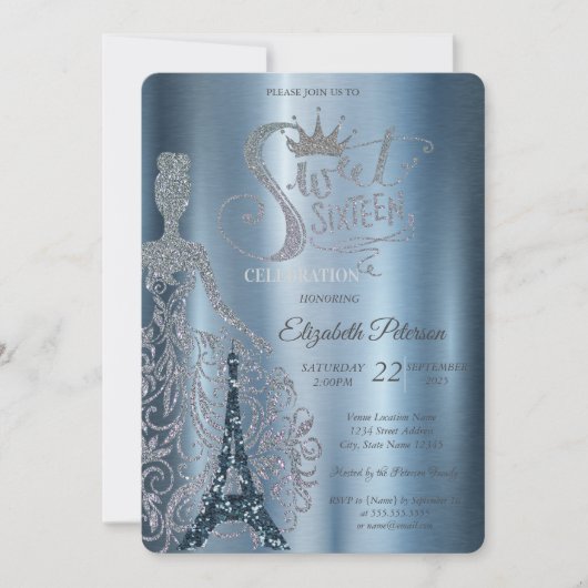 Invitation Robe, Tiara, Diamants Tour Eiffel Bleu Sweet 16 (Devant)