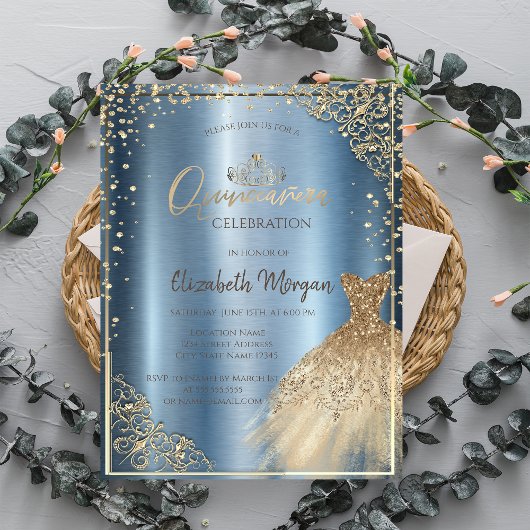 Invitation Robe Tiara, Diamonds Blue Metallic Quinceañera
