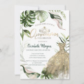 Invitation Robe Tiara d'or Feuilles tropicaux Quinceañera (Devant)