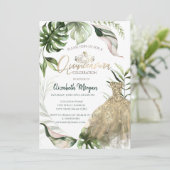 Invitation Robe Tiara d'or Feuilles tropicaux Quinceañera (Debout devant)