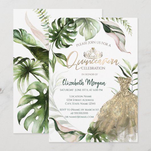 Invitation Robe Tiara d'or Feuilles tropicaux Quinceañera (Devant / Derrière)