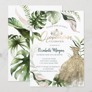 Invitation Robe Tiara d'or Feuilles tropicaux Quinceañera