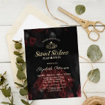 Invitation Robe, Tiara, Roses Rouges Douce 16<br><div class="desc">Tiare d'or,  robe élégante,  roses rouges sur une texture noire.</div>