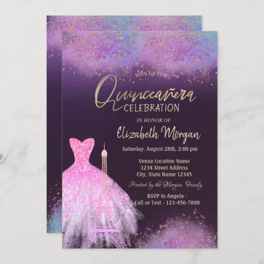 Invitation Robe Tour Eiffel Dusté Violet Quinceanera (Devant / Derrière)