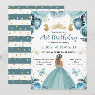 Invitation Robe turquoise Cheveux blonds Princesse Anniversai