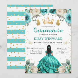 Invitation Robe turquoise Cheveux noirs Princesse Quinceanera