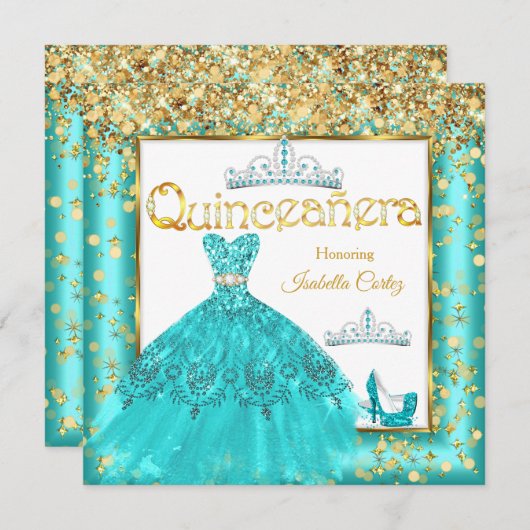 Invitation Robe Turquoise de la Quinceañera hauts talons Or (Devant / Derrière)