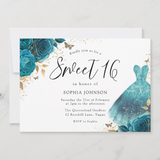 Invitation Robe turquoise et or étincelante Rose douce 16 Ann (Devant)
