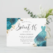 Invitation Robe turquoise et or étincelante Rose douce 16 Ann (Debout devant)