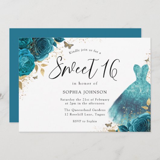 Invitation Robe turquoise et or étincelante Rose douce 16 Ann (Devant / Derrière)