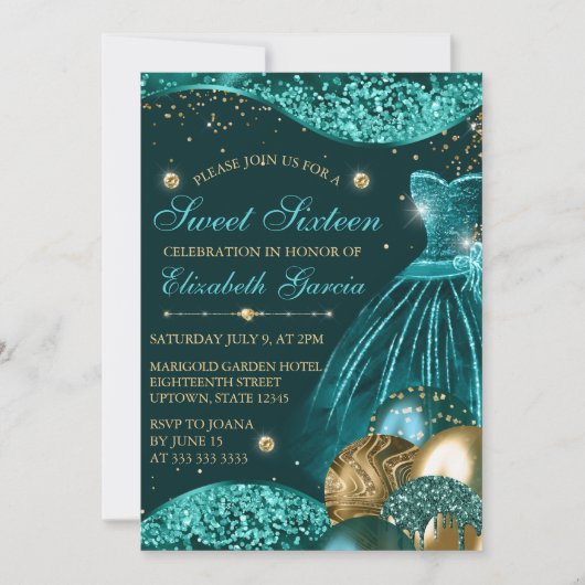 Invitation Robe turquoise et Parties scintillant or Ballons d (Devant)
