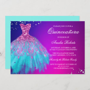 Invitation Robe Turquoise étincelante rose Quinceanera Invita