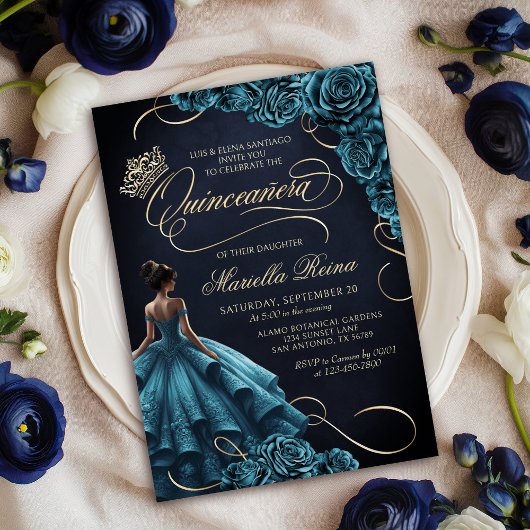 Invitation Robe turquoise Florale Quinceañera