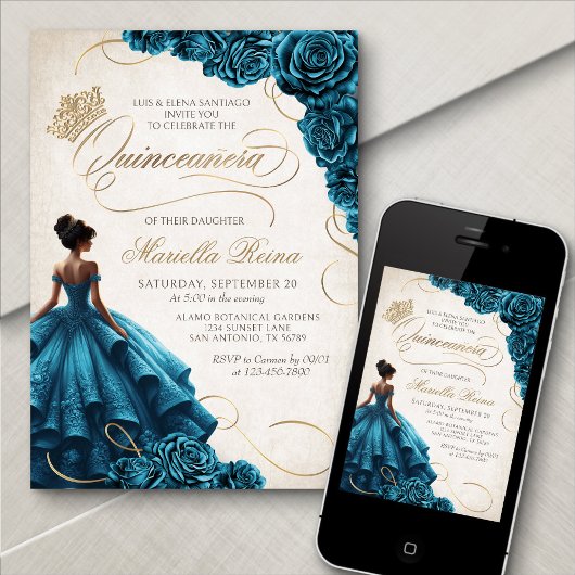 Invitation Robe turquoise Florale Quinceañera