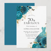 Invitation Robe turquoise or étincelante Roses 70e fête d'ann (Devant / Derrière)