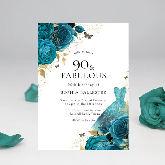 Invitation Robe turquoise or étincelante Roses 90e fête d'ann