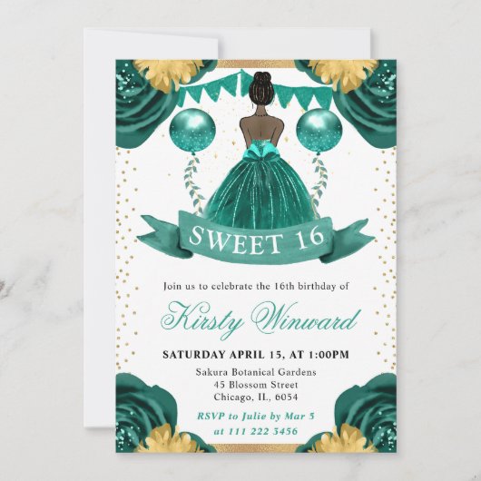 Invitation Robe turquoise Peau foncée Princesse Douce 16 (Devant)