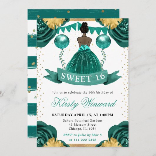 Invitation Robe turquoise Peau foncée Princesse Douce 16 (Devant / Derrière)