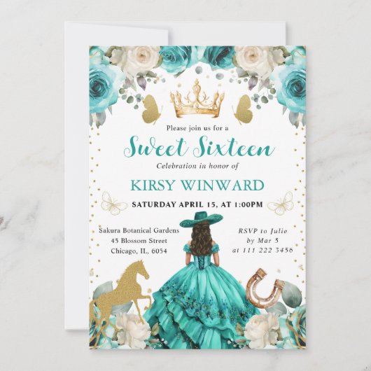 Invitation Robe turquoise, princesse brune, Sweet 16 (Devant)