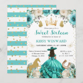 Invitation Robe turquoise, princesse brune, Sweet 16 (Devant / Derrière)