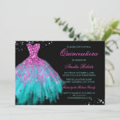 Invitation Robe turquoise rose étincelle Quinceanera Invitati (Debout devant)