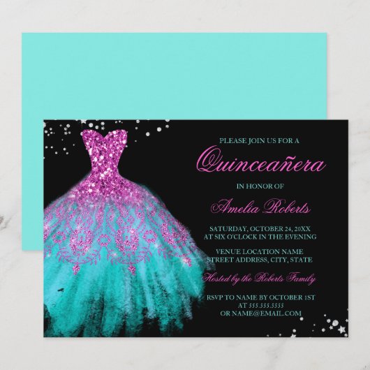 Invitation Robe turquoise rose étincelle Quinceanera Invitati (Devant / Derrière)