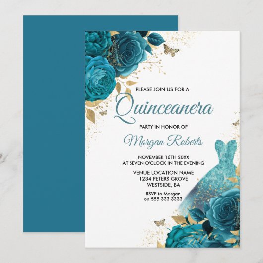 Invitation Robe Turquoise turquoise à étincelles Quinceanera (Devant / Derrière)