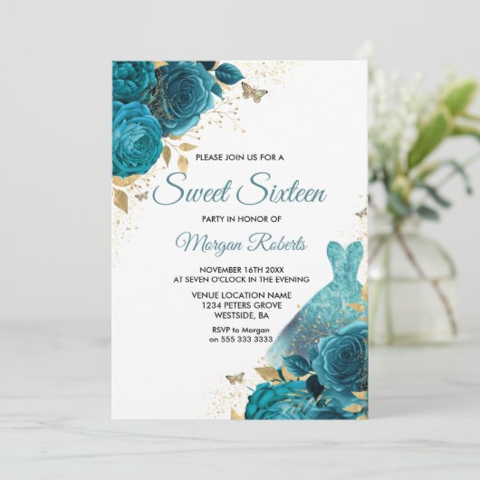 Invitation Robe Turquoise turquoise étincelante Douce 16 Part (Debout devant)
