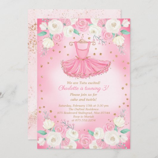 Invitation Robe Tutu Ballerina Parties scintillant Anniversai (Devant / Derrière)