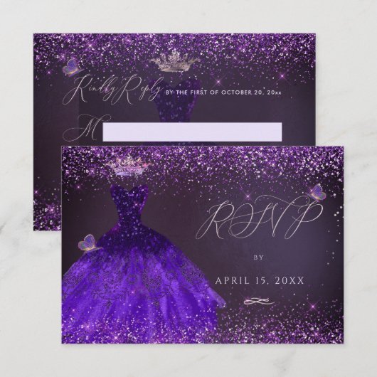 Invitation Robe ultra violette papillon RSVP pour Quinceanera (Devant / Derrière)