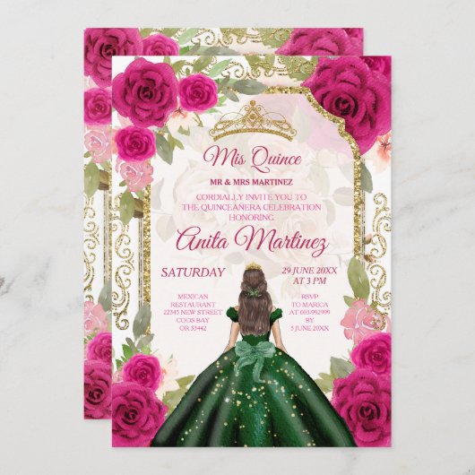 Invitation Robe vert émeraude Fuschia rose Mis Quince (Devant / Derrière)