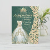 Invitation Robe vert émeraude or damask tiara Quinceañera (Debout devant)