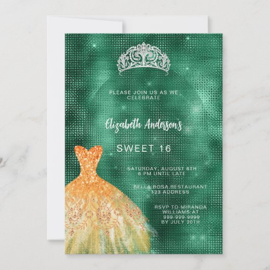 Invitation Robe vert émeraude or tiara luxe Sweet 16 (Devant)